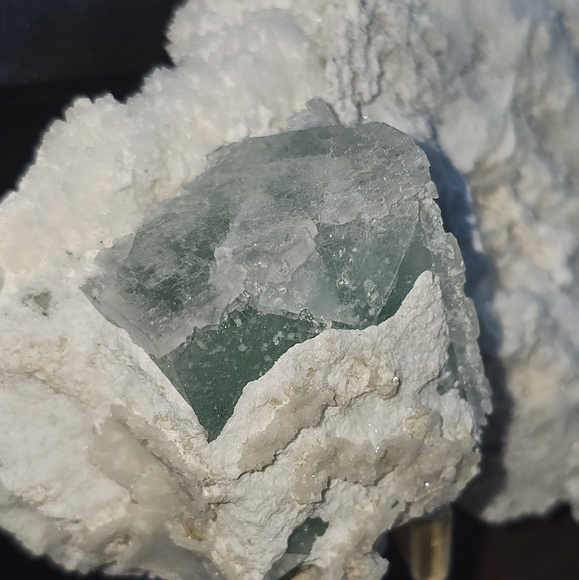 Big green fluorite cube in creedite and calcite matrix - Picture 6 of 16